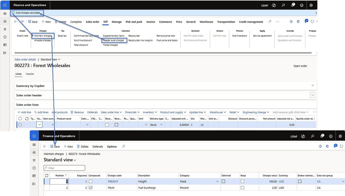 Sales order with options to manage charges and apply automatic header charges.