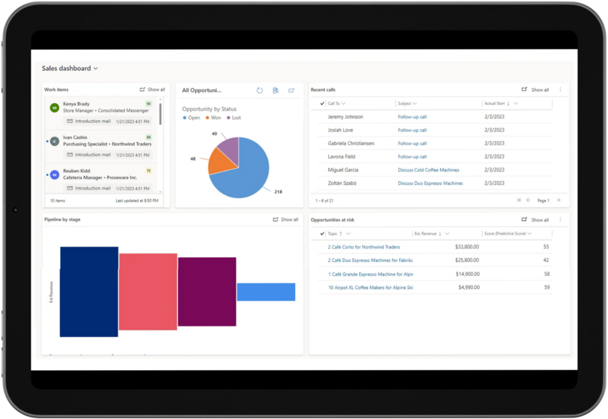 CRM-Dashboard auf Tablet mit Diagrammen, Aufgaben, Anruflisten und Verkaufschancen zur Übersicht von Vertriebsdaten.