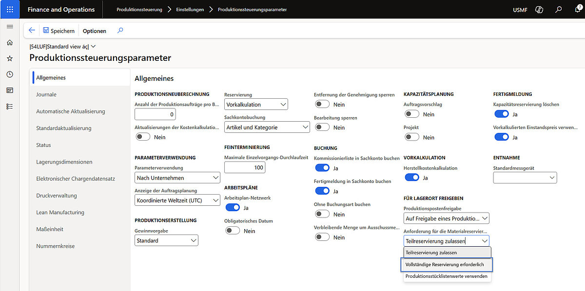 Produktionssteuerungsparameter in Dynamics 365 Finance and Operations zur Feinsteuerung von Reservierung, Kalkulation und Fertigmeldung