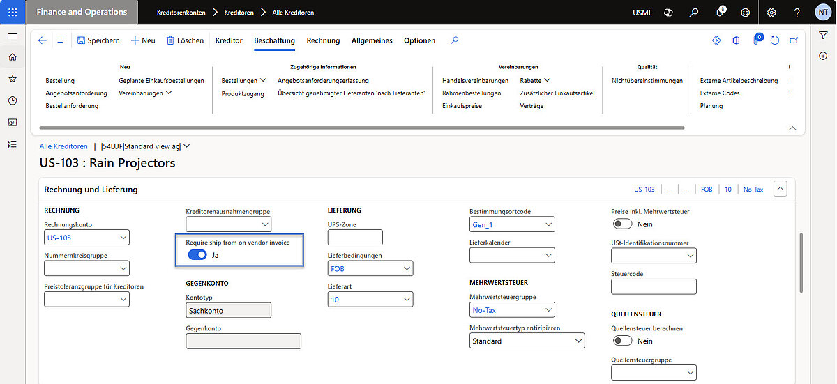 Kreditorenkonto in Dynamics 365 Finance mit aktivierter Option „Require ship from on vendor invoice“ zur Nutzung von Ship-From-Adressen.