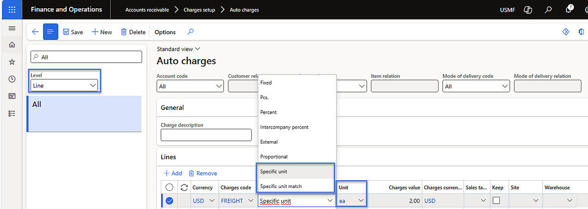 Auto charges setup screen displaying line level charge categories with specific unit and specific unit match options and unit selection fields.