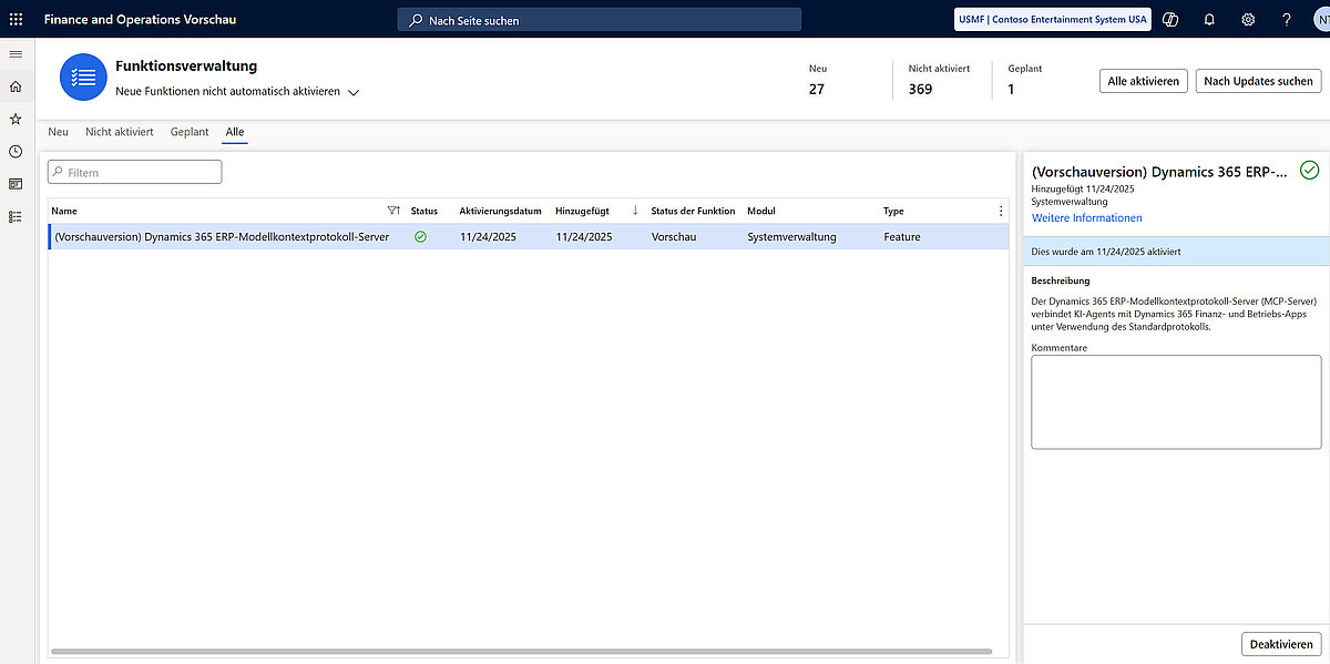 Dynamics 365 Finance and Operations: Funktionsverwaltung zeigt Vorschau-Feature „ERP-Modellkontextprotokoll-Server