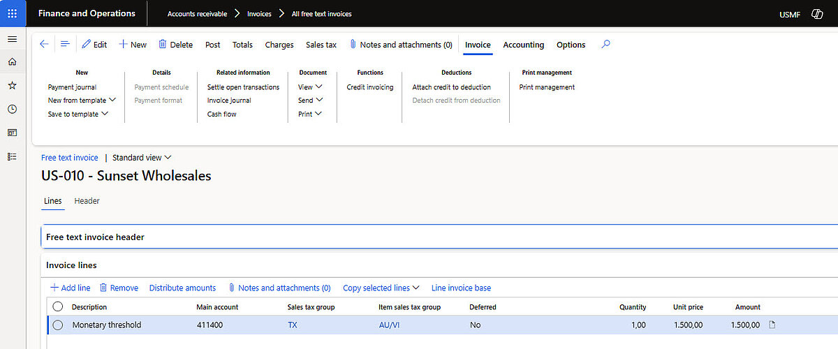 Free text invoice with “Monetary threshold” line of 1,500 EUR.