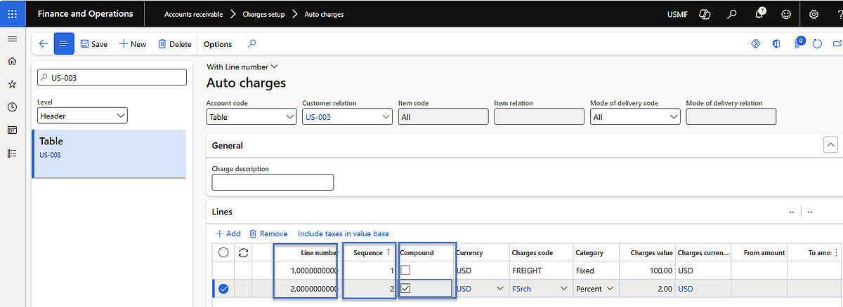 Form to define auto charges with sequence, compound flag, and charge types per line.