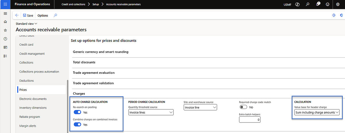 Settings for prices and discounts with auto charge calculation and value base options enabled.