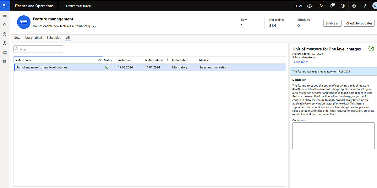 Feature management page showing Unit of measure for line level charges enabled as mandatory in Sales and marketing module configuration setup.