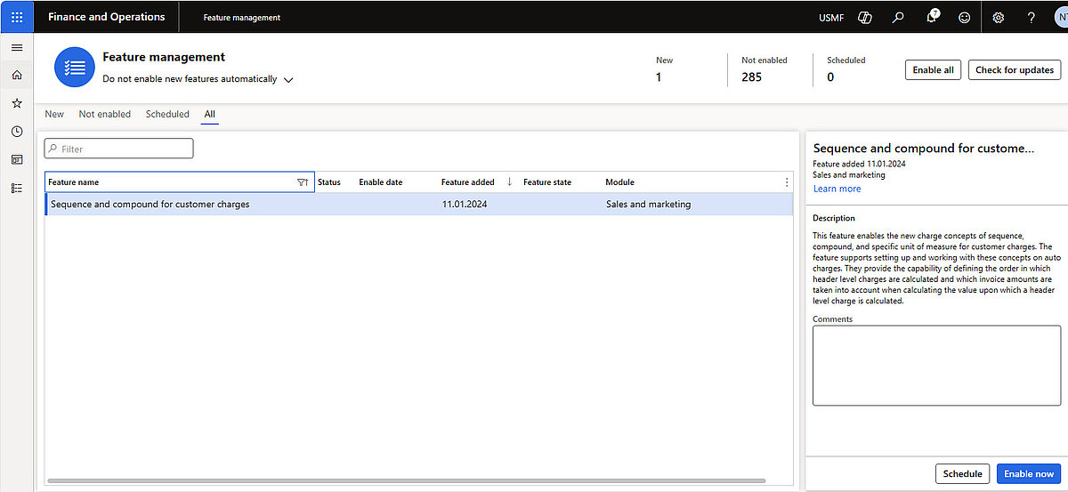 Feature management screen showing “Sequence and compound for customer charges” available for activation.