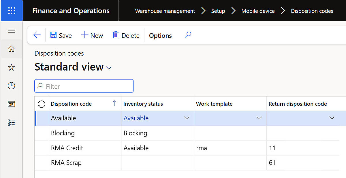 Disposition codes in Dynamics 365 Finance and Operations controlling inventory status and RMA return processing