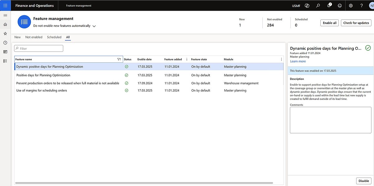 Feature management in Dynamics 365 Finance and Operations with dynamic positive days enabled for planning optimization