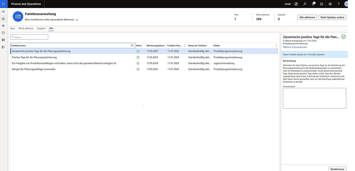 Funktionsverwaltung in Dynamics 365 Finance and Operations mit aktivierten Features für dynamische positive Tage in der Produktionsplanung
