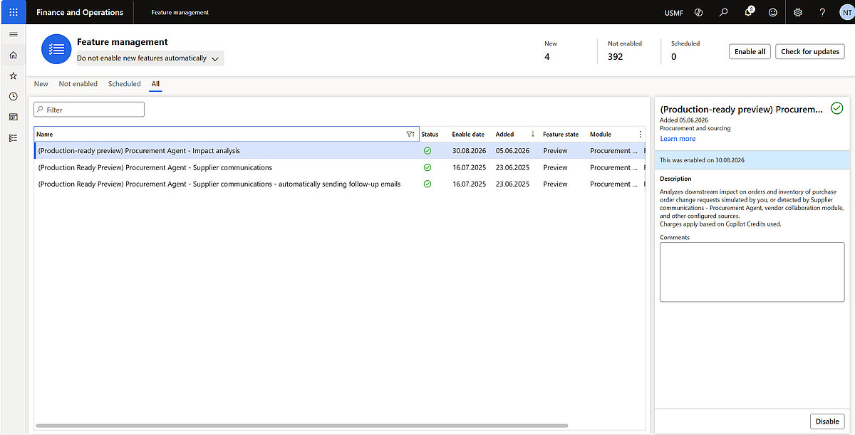Activation of Procurement Agent capabilities in Dynamics 365 Supply Chain Management for Supplier Communications and Impact Analysis.