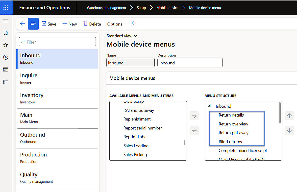 Mobile device menu structure in Dynamics 365 Finance and Operations showing return functions like return details and blind returns