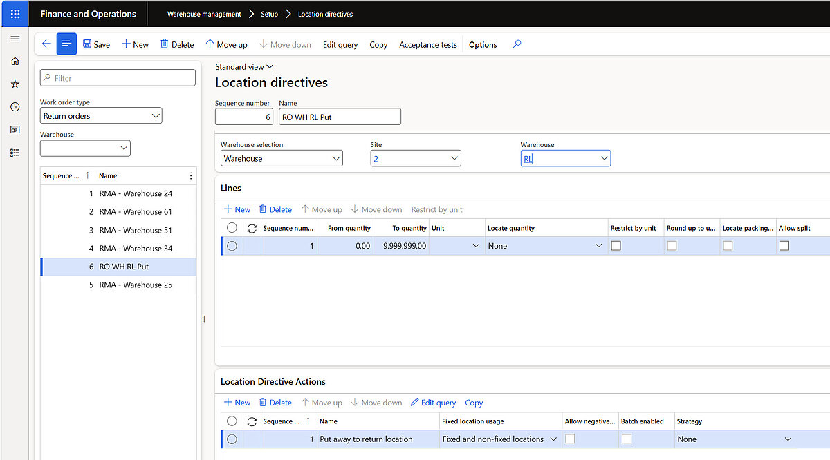 Location directives in Dynamics 365 Finance and Operations for return put away with defined warehouse location strategy