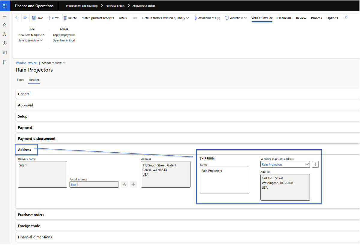 Vendor invoice screen displaying Ship From address information, supporting compliance, transparency and audit requirements.