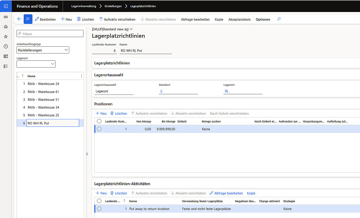 Lagerplatzrichtlinien in Dynamics 365 Finance and Operations zur Einlagerung von Retouren mit definierter Put-away-Strategie