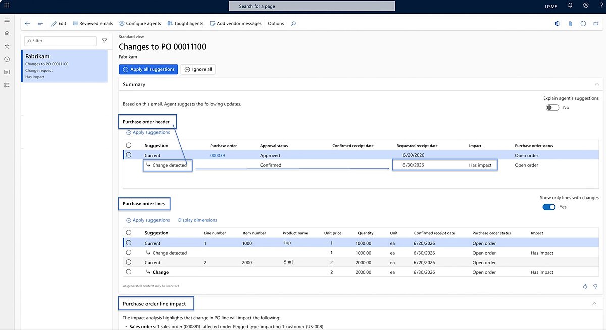 The Procurement Agent automatically detects supplier changes, recommends updates, and highlights impacts on purchase orders.
