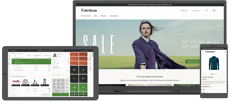 Darstellung von D365 Commerce auf Laptop, Tablet und Smartphone mit Omnichannel-Handel, POS-Funktionen und Online-Shop.