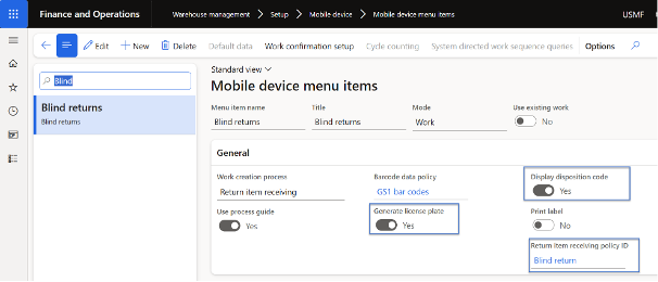 Blind returns menu item on mobile device in Dynamics 365 Finance and Operations with disposition code and return policy