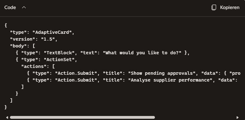 Adaptive Card JSON-Code in Copilot Studio mit Action.Submit Buttons zur Auslösung von Geschäftsaktionen in Dynamics 365